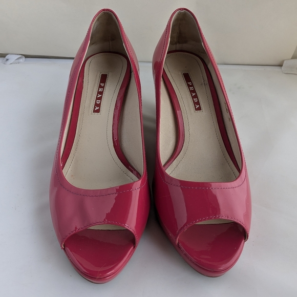 Prada Berry Pink Patent Leather Peep-Toe Wedges Espadrilles Sz 38 - Picture 2 of 15
